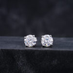 Round Cut White Moissanite Earring in push back Set with 14K White Gold