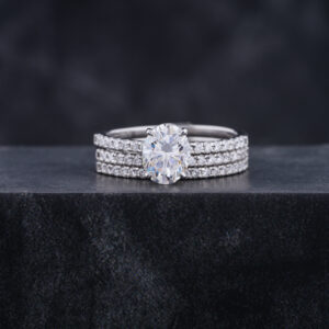 1.00 CT Oval Cut White Moissanite Bridal Set With Two Matching Wedding Band in White Gold