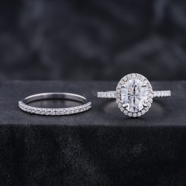 Oval Cut Moissanite Ring, Halo Bridal Set Ring in 14K White Gold